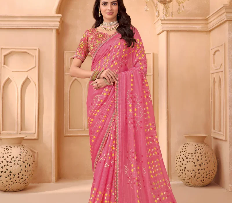 Laxmipati Tohfa Abstract Printed Chiffon Saree in Pink Color